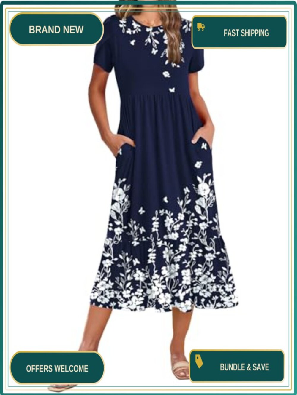 Women Midi A-Line Dress Short Sleeve Flowy Tiered Casual Sundress with Pockets